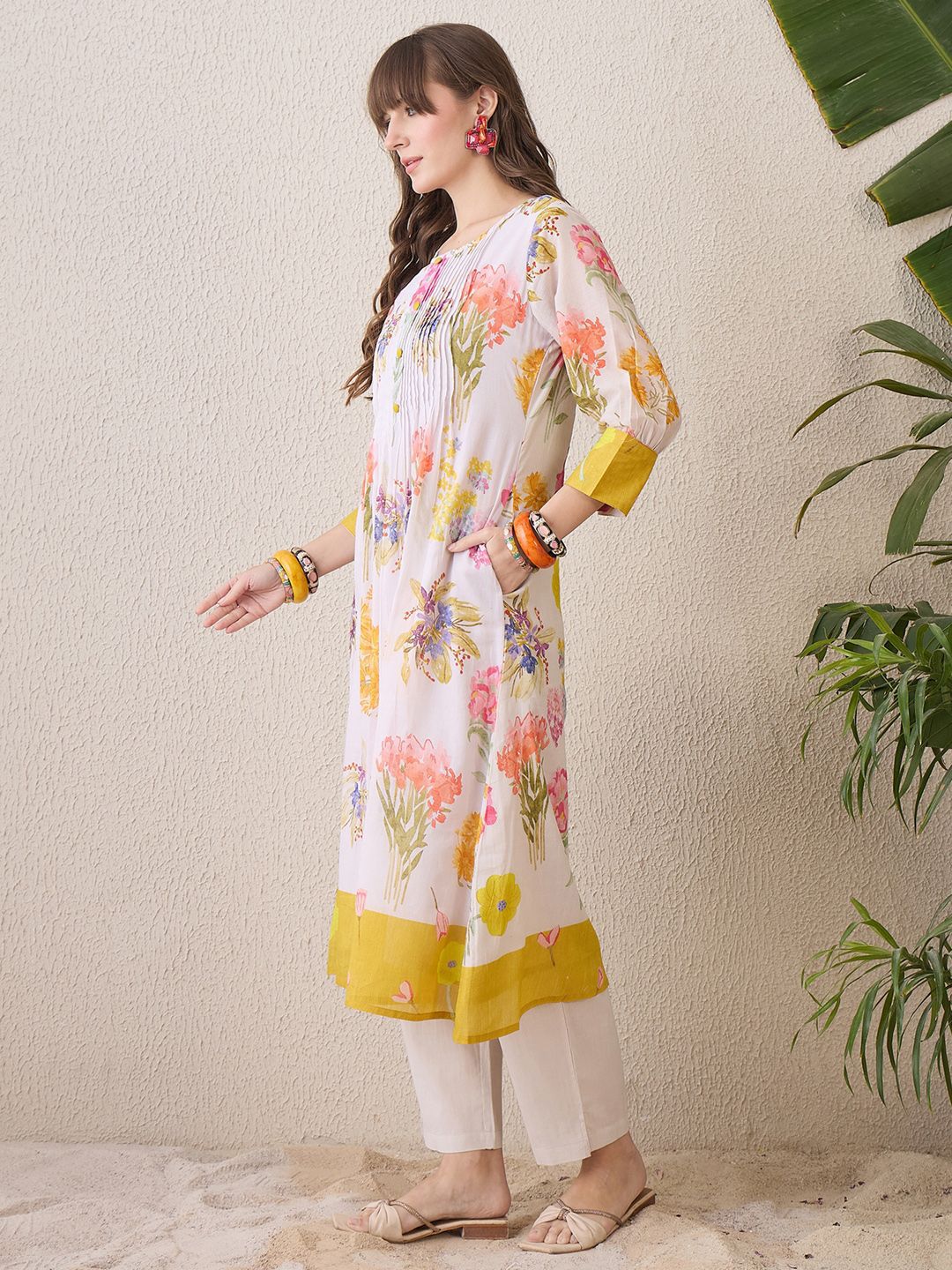 Indo Era Floral Printed Round Neck Pure Cotton Straight Kurta With Trouser