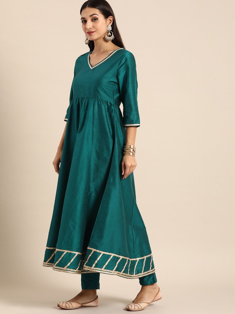 All About You Women Teal Green Solid V-Neck Anarkali Kurta with Trousers & Dupatta - Distacart