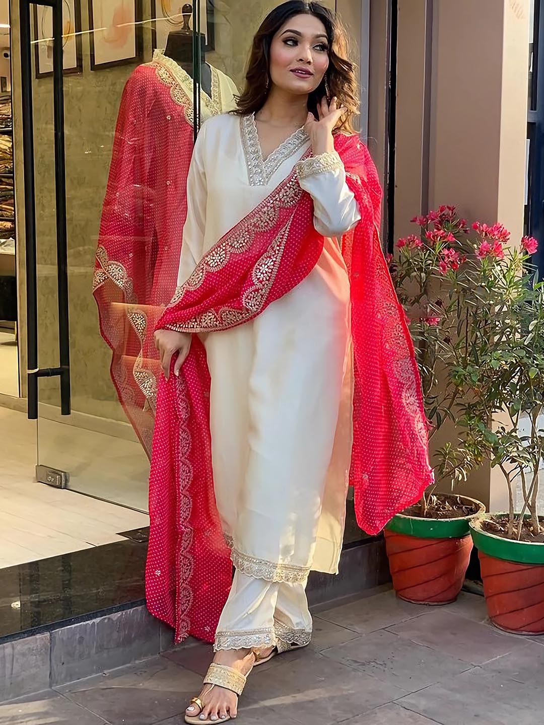 Kalini Floral Embroidered Regular Sequinned Kurta With Trousers & Dupatta - Distacart