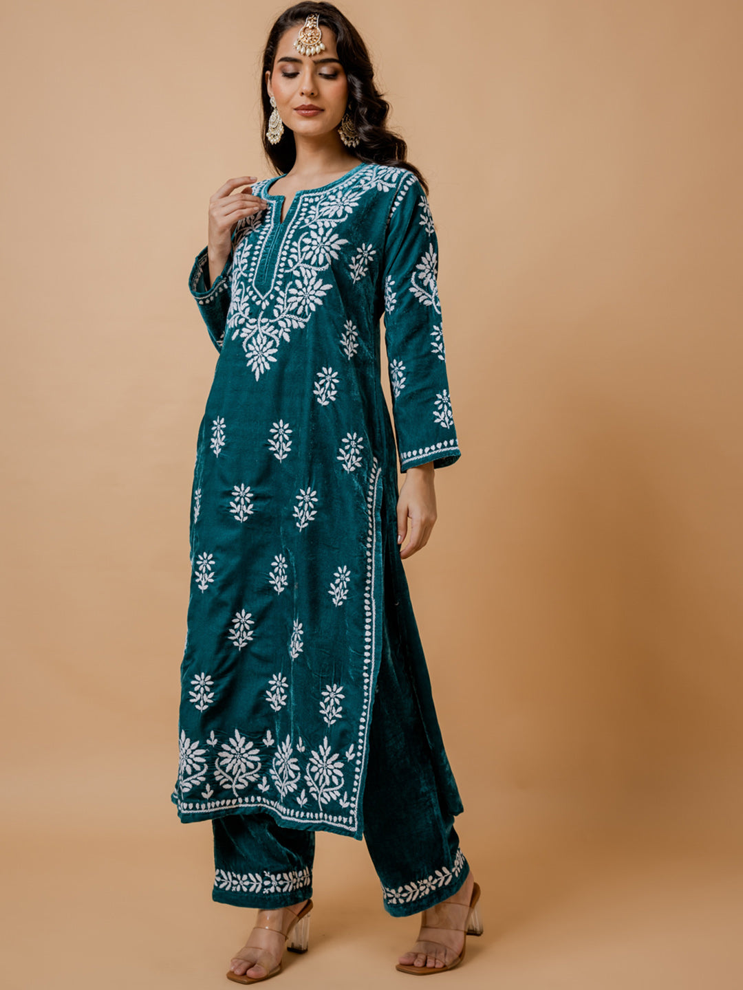 HOUSE OF KARI Ethnic Motifs Embroidered Chikankari Velvet Kurta With Trousers - Distacart