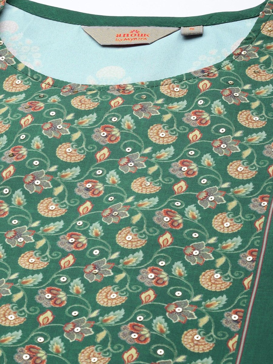 Anouk Women Green Ethnic Motifs Printed Sequinned Kurta with Palazzos - Distacart