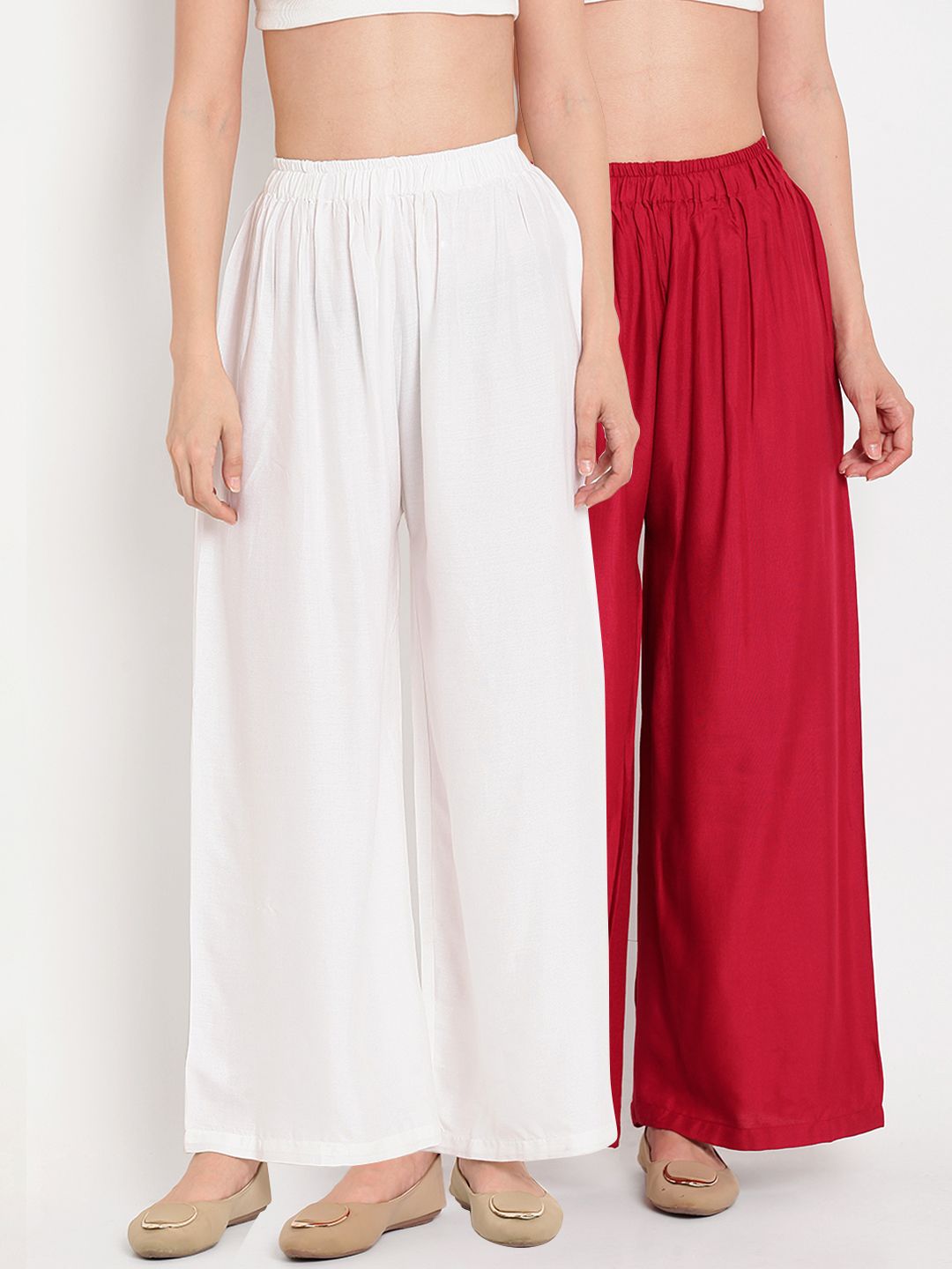 TAG 7 Women Set of 2 White & Red Solid Flared Palazzos - Distacart
