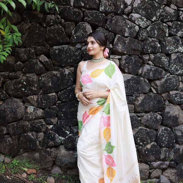 White Pure Silk Woven Design Saree with Unstitched Blouse - A2M - Distacart