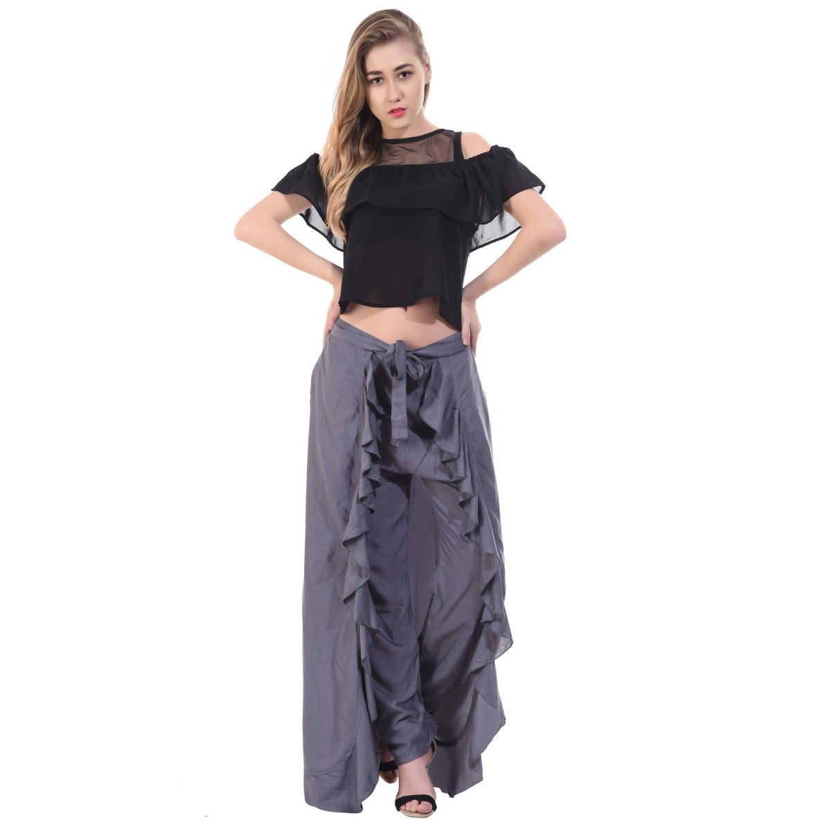 Asmaani Grey Color Plain Ruffle Palazzo