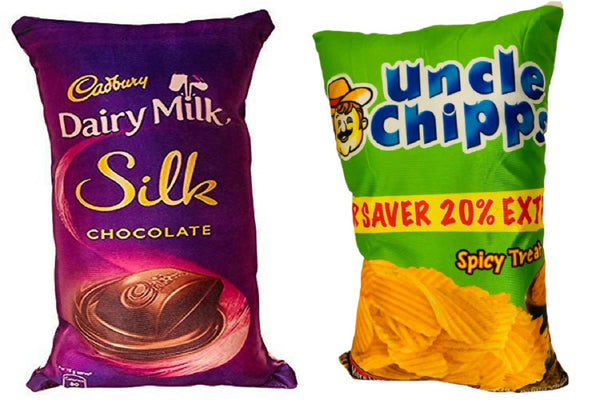Unique Fashion Pack of 2 Microfibre Filled Reversible Cushion For Kids - Dairy Milk Silk And Uncle Chips - Distacart