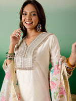 Thumbnail for Sangria Off White Floral Embroidered Zari Sequence A-Line Kurta With Trouser & Dupatta