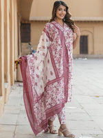 Thumbnail for Kalini Floral Printed Thread Work Pure Cotton Kurta With Trouser & Dupatta - Distacart