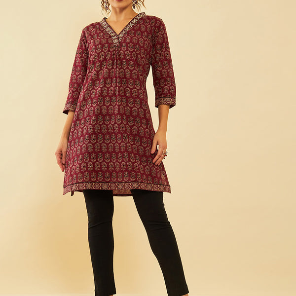 Soch Floral Printed Cotton Zari Thread Work Kurta - Distacart