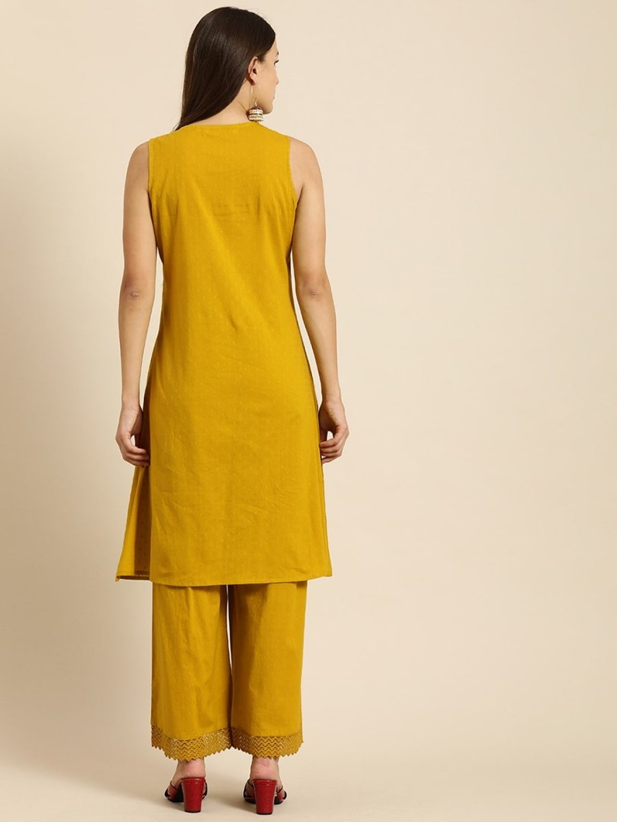 All About You Women Mustard Yellow Self Design Pure Cotton A-Line Kurta with Palazzos - Distacart