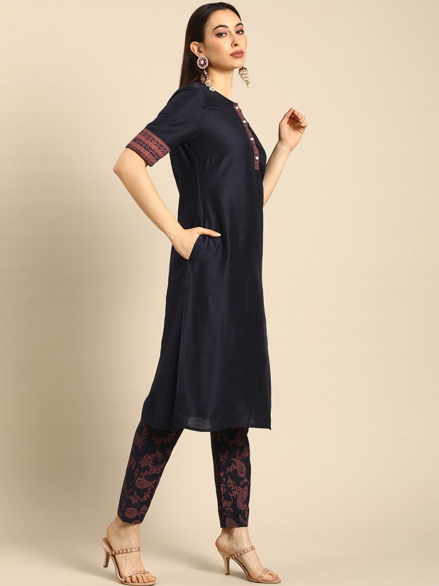 All About You Women Navy Blue Ethnic Motifs Printed Regular Kurta with Printed Trousers - Distacart