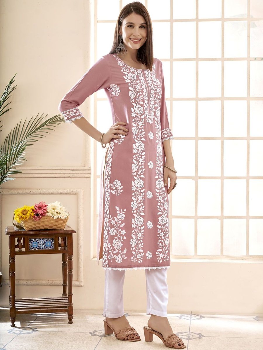 Anouk Floral Embroidered Round Neck Chikankari Straight Kurta