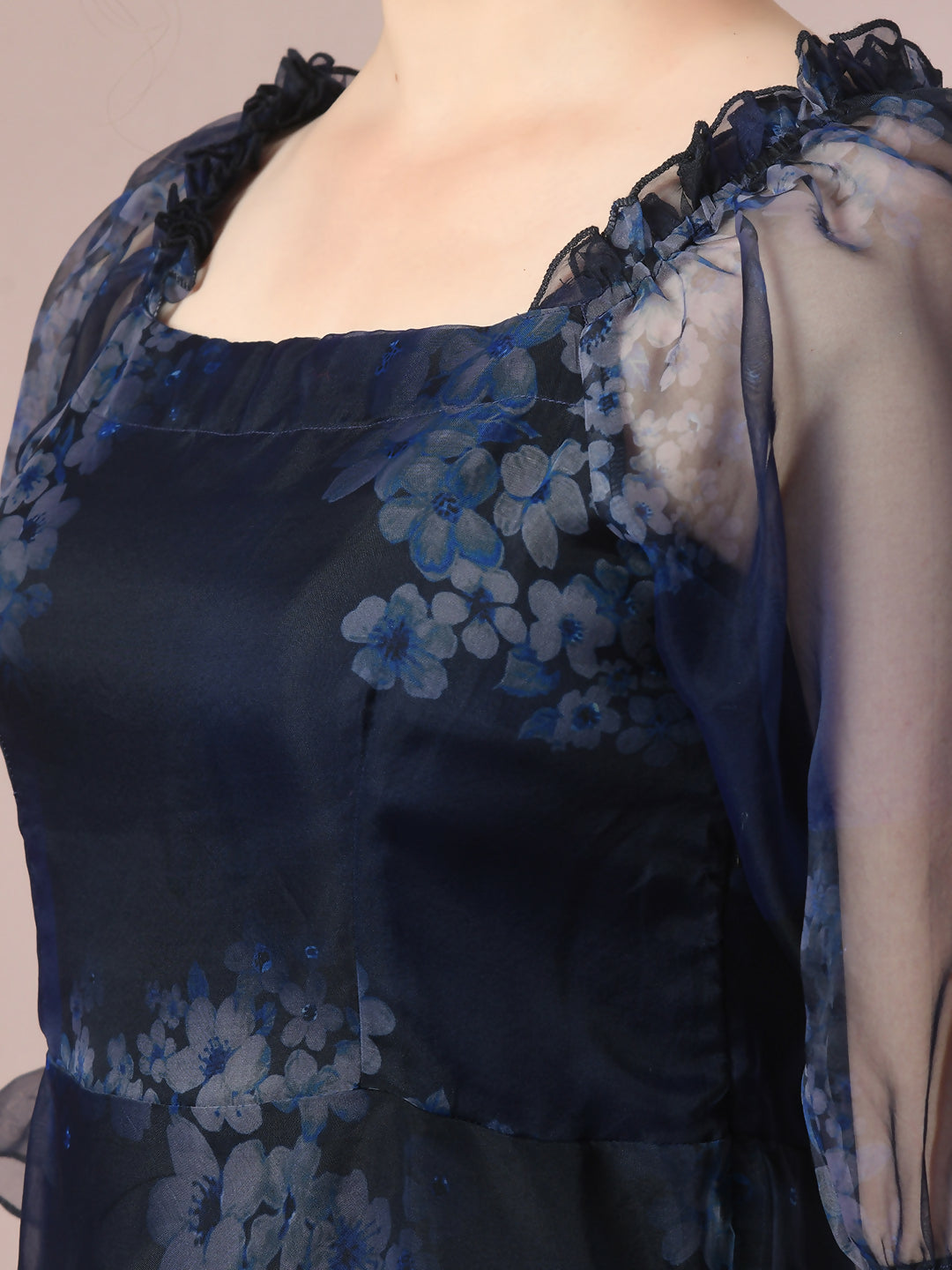 Myshka Women's Navy Blue Printed Square Neck Fit and Flare Party Dress - Distacart