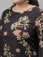 Thumbnail for Sztori Plus Size Black Floral Printed Round Neck Straight Kurta with Trousers - Distacart