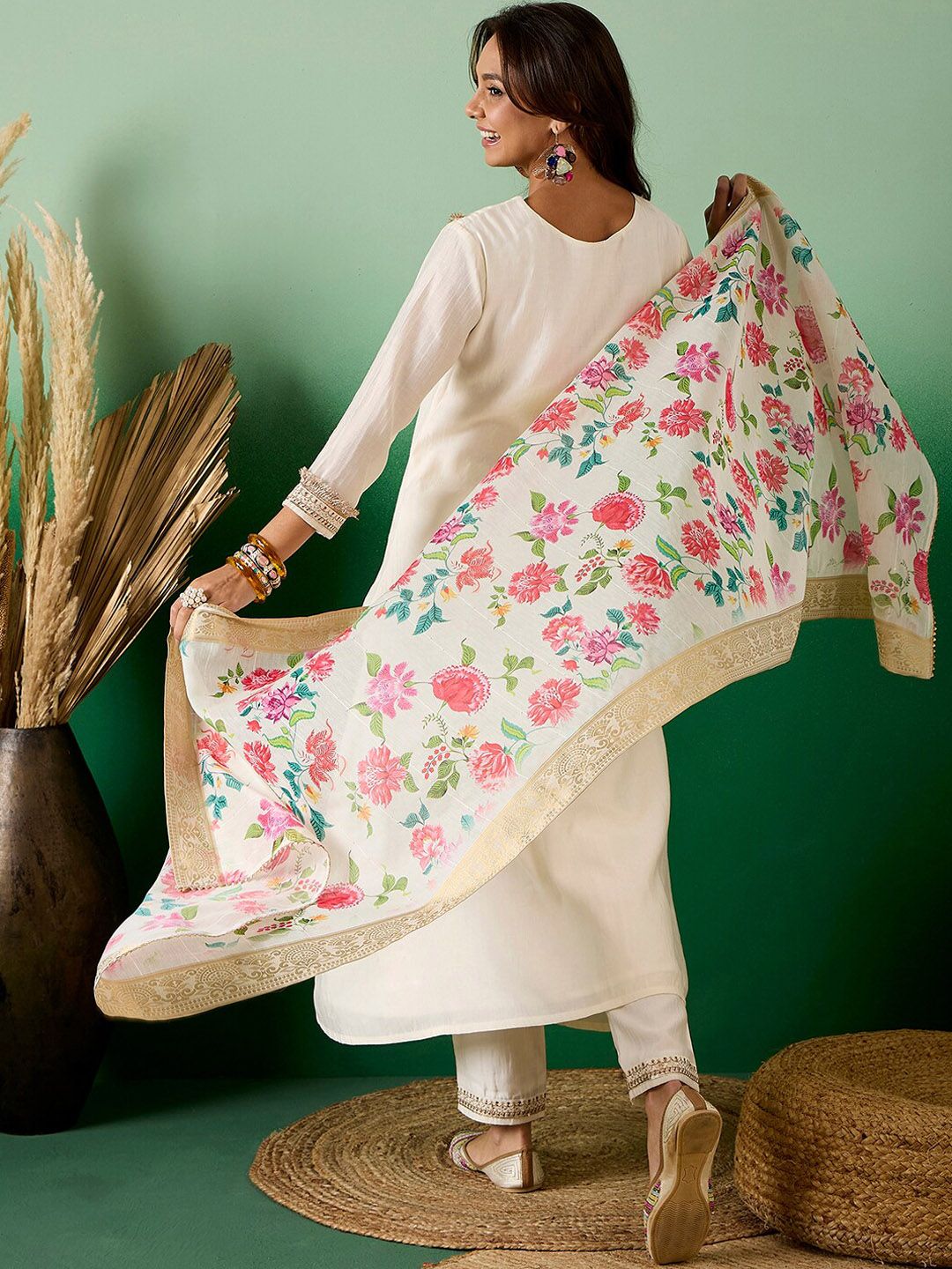 Sangria Off White Floral Embroidered Zari Sequence A-Line Kurta With Trouser & Dupatta