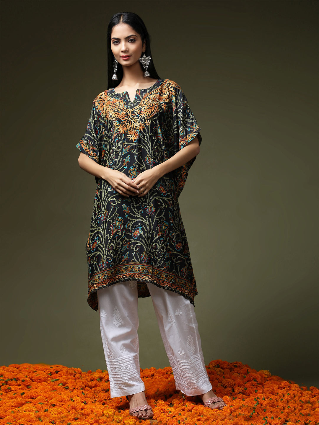 HOUSE OF KARI Ethnic Motifs Printed Chikankari Embroidery Cotton Kaftan Kurta - Distacart