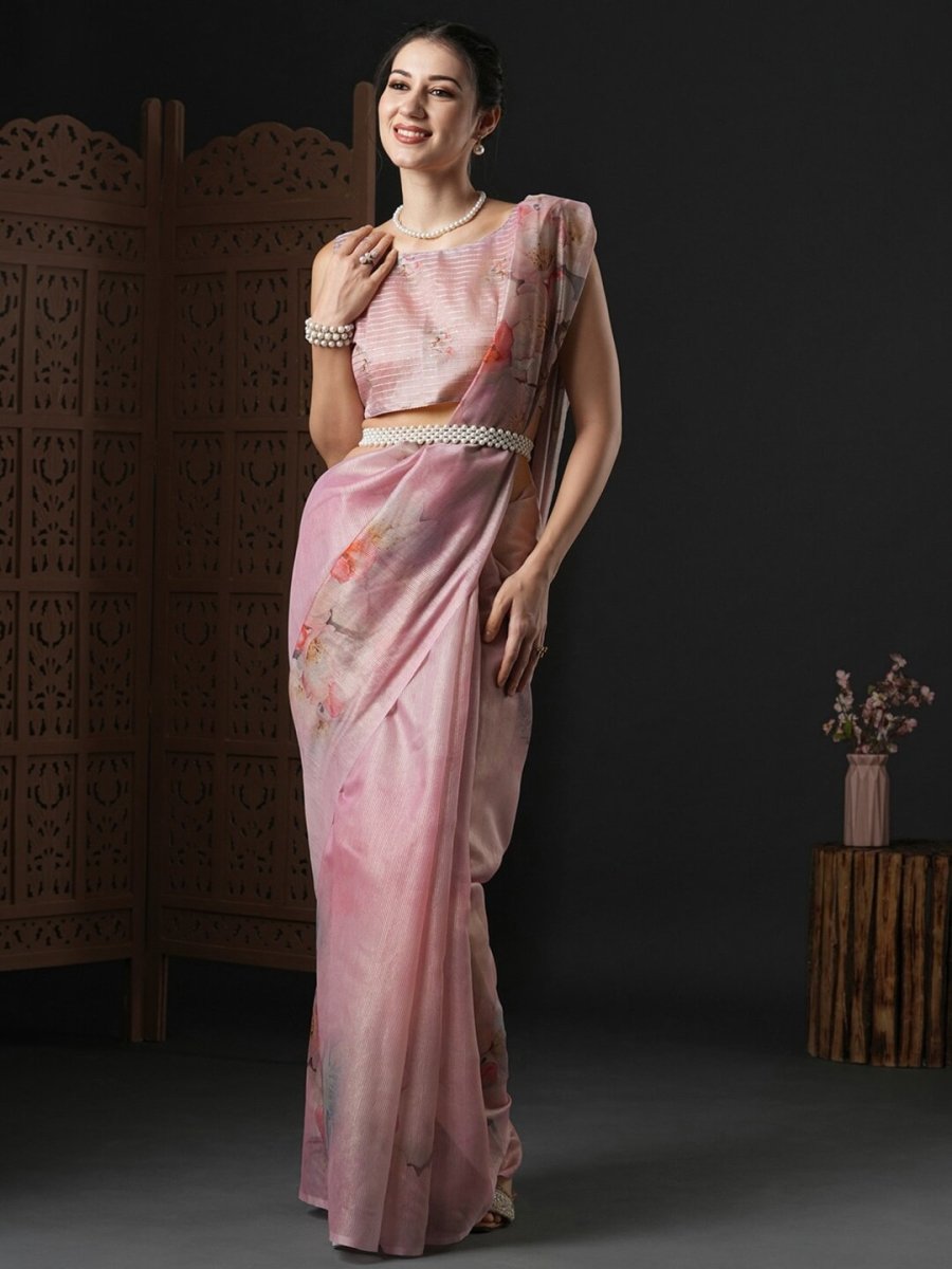 Anouk Pink & Green Floral Printed Organza Saree - Distacart
