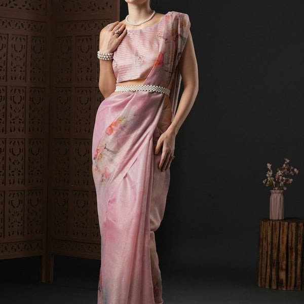 Anouk Pink & Green Floral Printed Organza Saree - Distacart