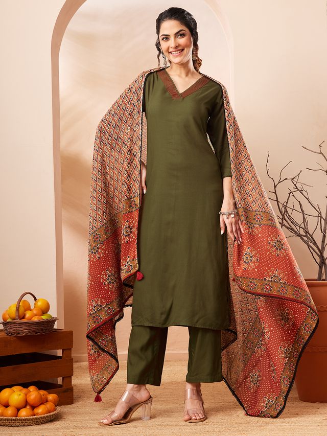 Janasya Olive Straight Rayon Slub Kurta,Bottom & Dupatta