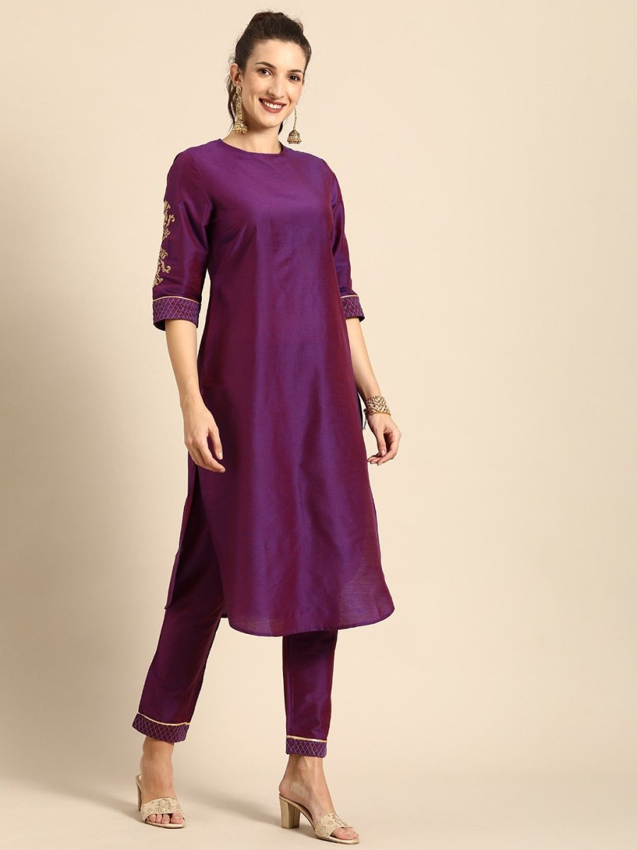 All About You Women Purple Zari Embroidered Regular Kurta with Trousers & Dupatta - Distacart