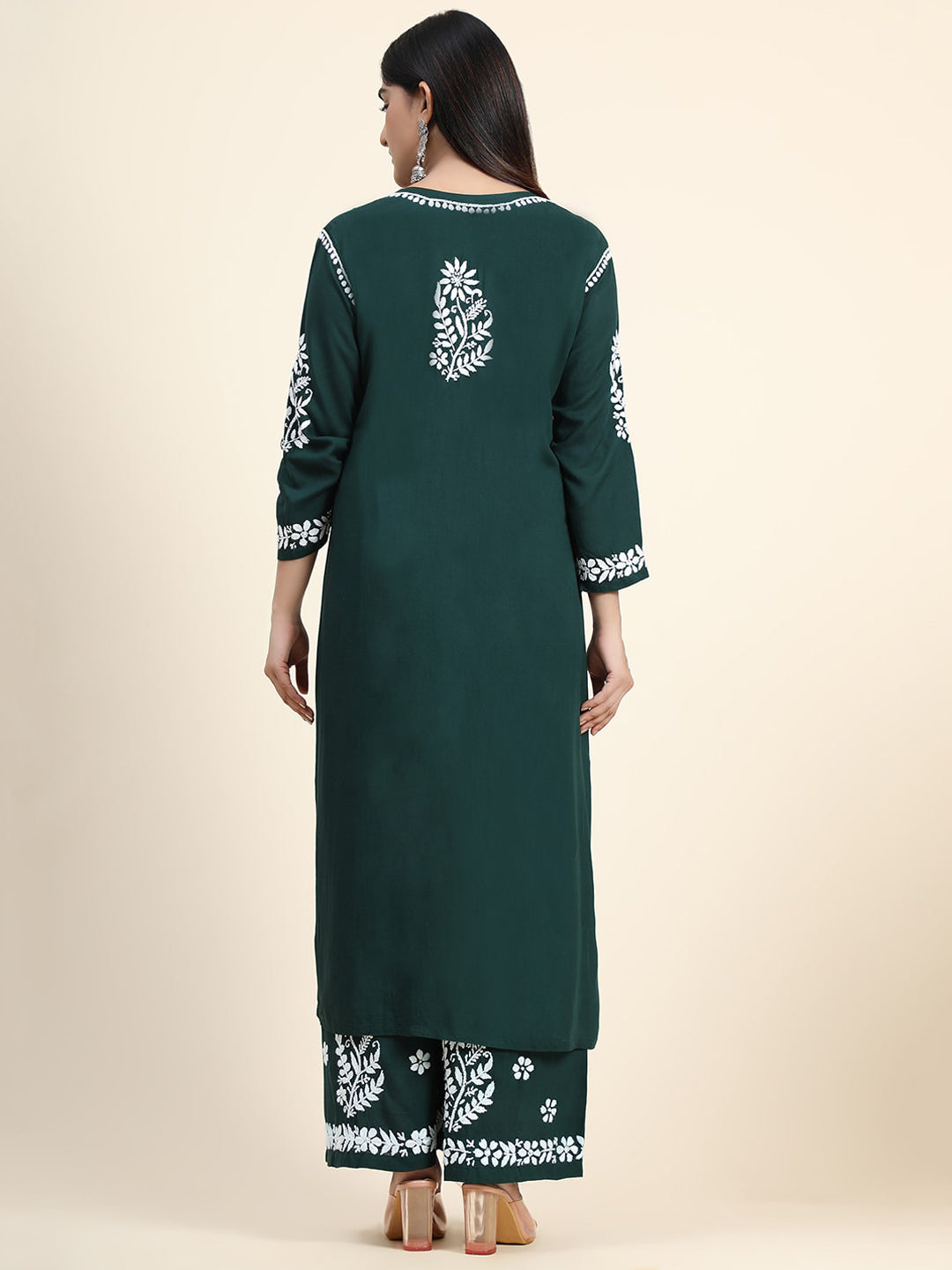 HOUSE OF KARI Women Green Floral Embroidered Chikankari Kurta with Palazzos - Distacart