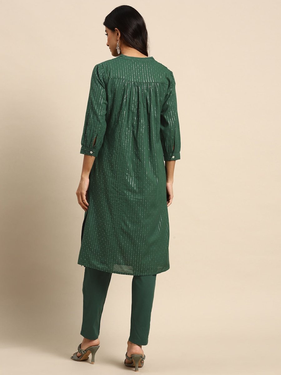 All About You Striped Pleated Sequinned Pure Cotton Kurta with Trousers - Distacart