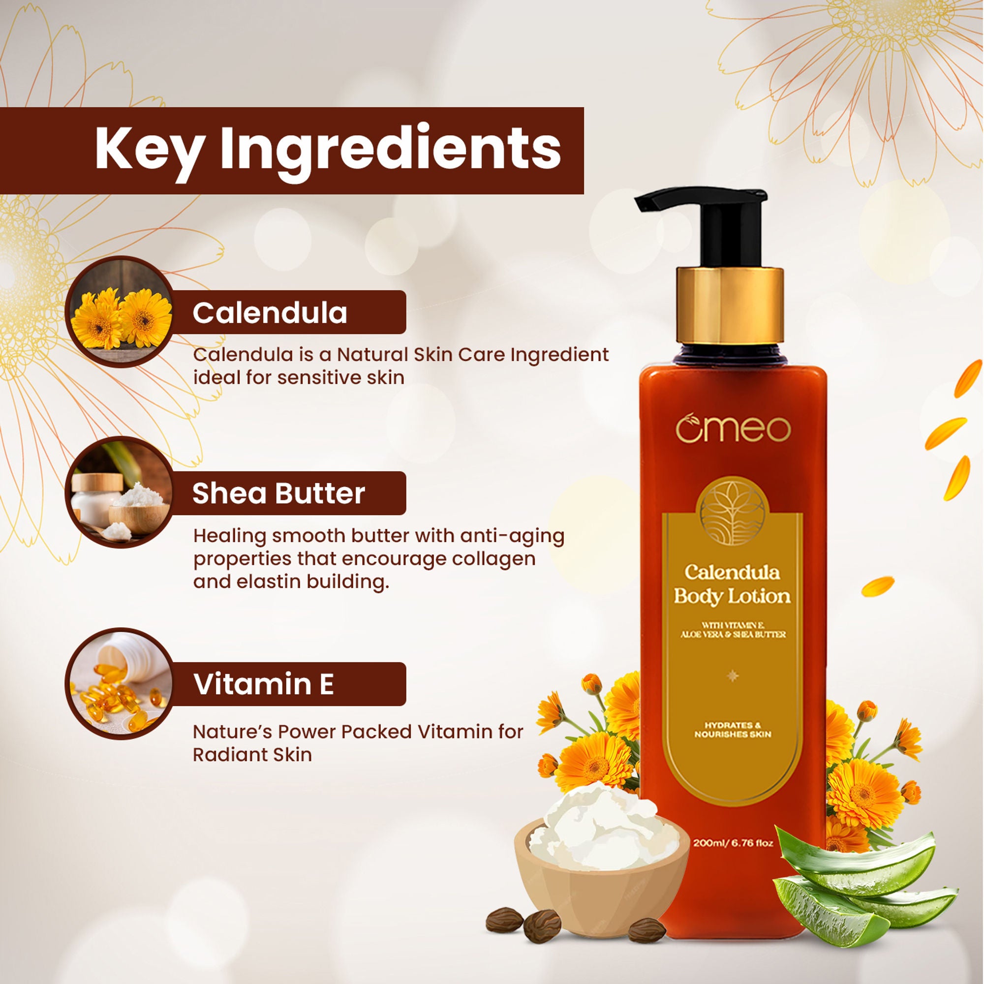 Omeo Calendula Body Lotion with Vitamin E, Aloe Vera & Shea Butter - Dista