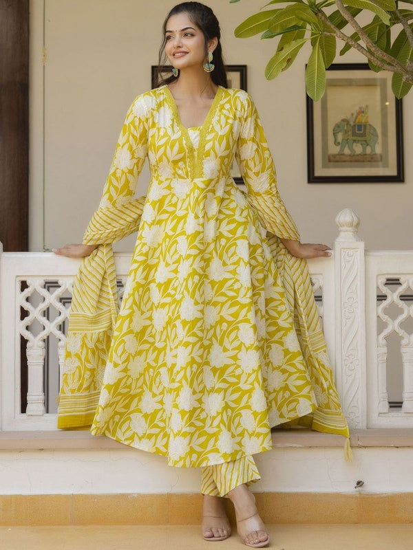 Anouk Women Floral Printed Thread Work Pure Cotton Kurta Pyjamas With Dupatta
