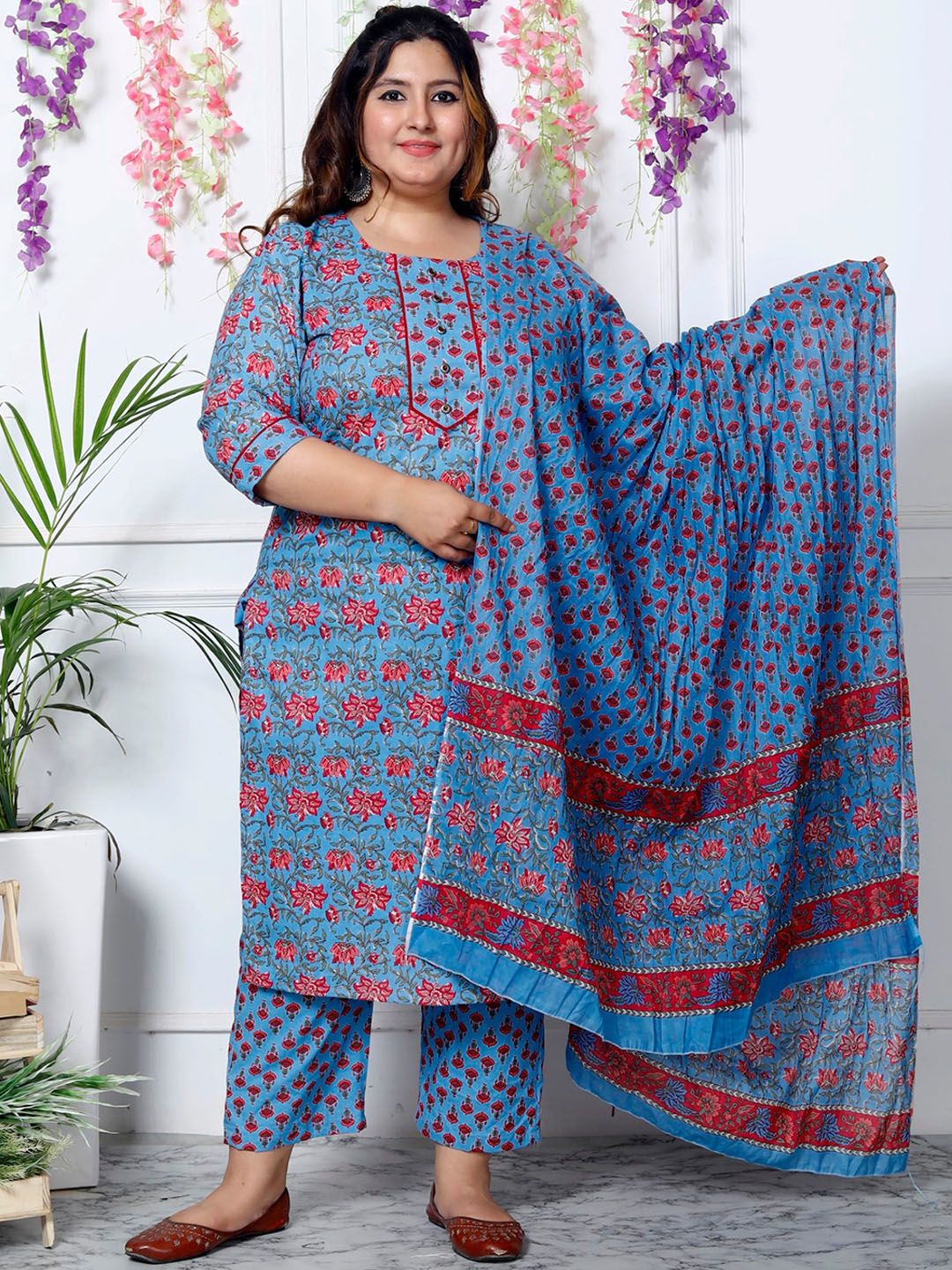 Swasti Plus Size Floral Printed Sequinned Pure Cotton Kurta With Trouser & Dupatta - Distacart