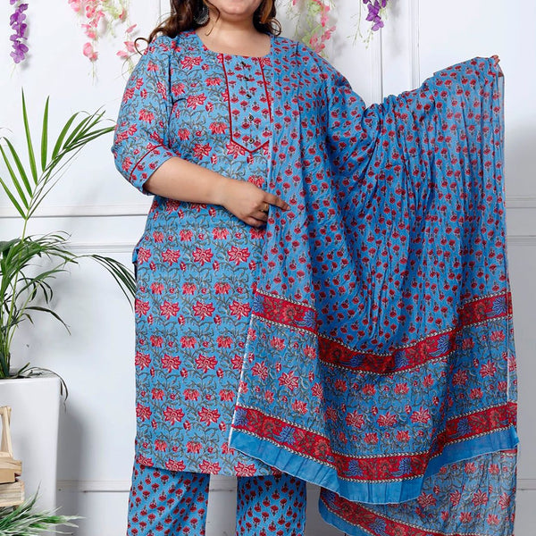 Swasti Plus Size Floral Printed Sequinned Pure Cotton Kurta With Trouser & Dupatta - Distacart