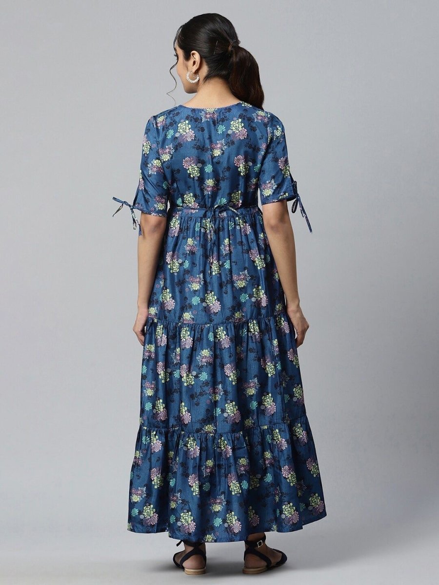 AURELIA Women Blue Floral Satin Maxi Dress - Distacart
