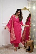 Thumbnail for The52 Gajri Women's Gorgeous Embroidered Viscose Chanderi Fabric Straight Kurta Pant with Dupatta Set - Distacart