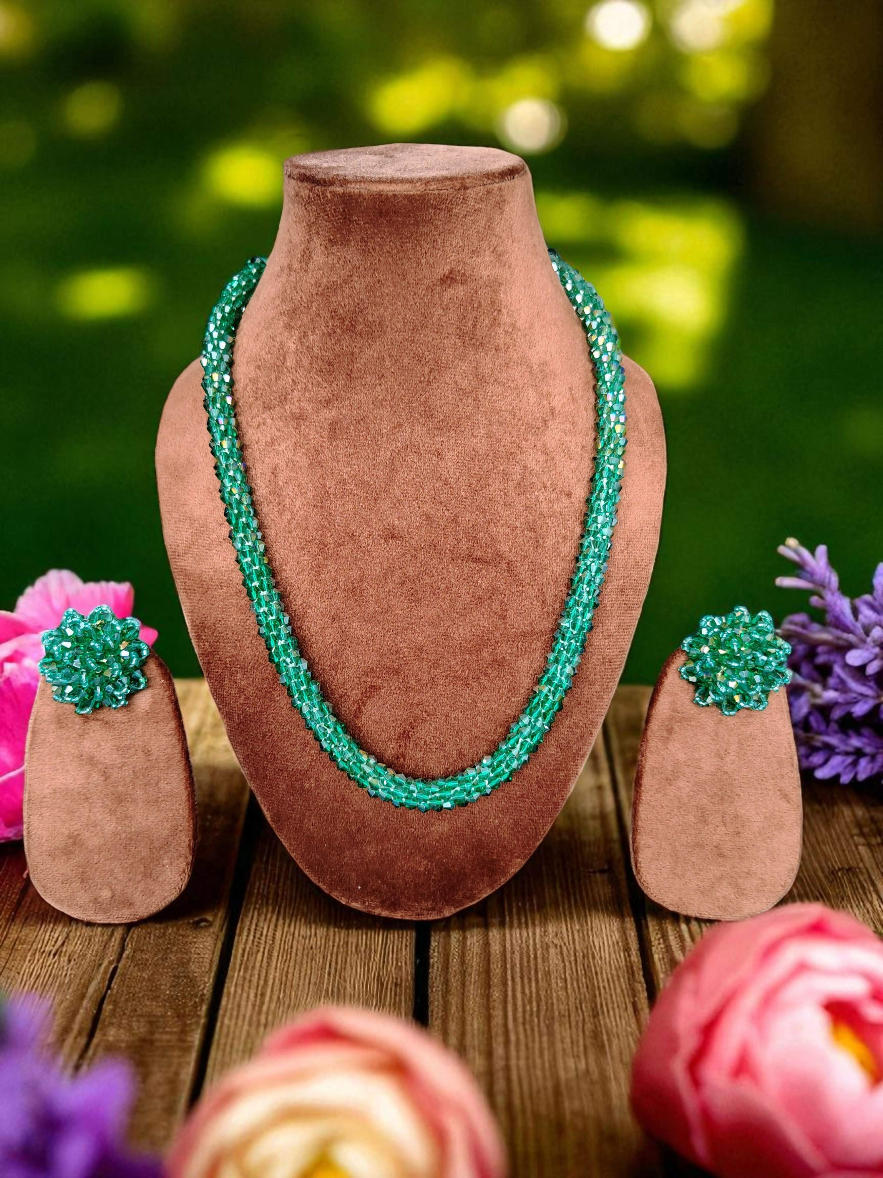 Inhanns Noor-E-Jalwa – Handmade Crystal Bead Necklace / Necklace With Earrings -Adjustable - Sea Green - Distacart