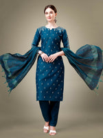 Thumbnail for Jyoti Fashion Women's Morpich Cotton Blend Embroidery & Sequence work Kurta with Trouser & Dupatta - Distacart