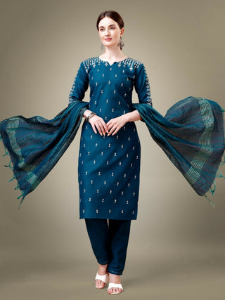 Jyoti Fashion Women's Morpich Cotton Blend Embroidery & Sequence work Kurta with Trouser & Dupatta - Distacart