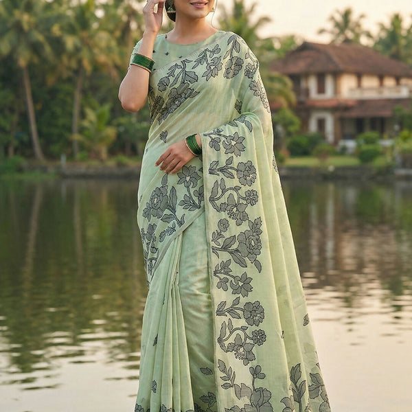 Shree Shyam Fashion Light Green Linen Cotton Saree - Distacart