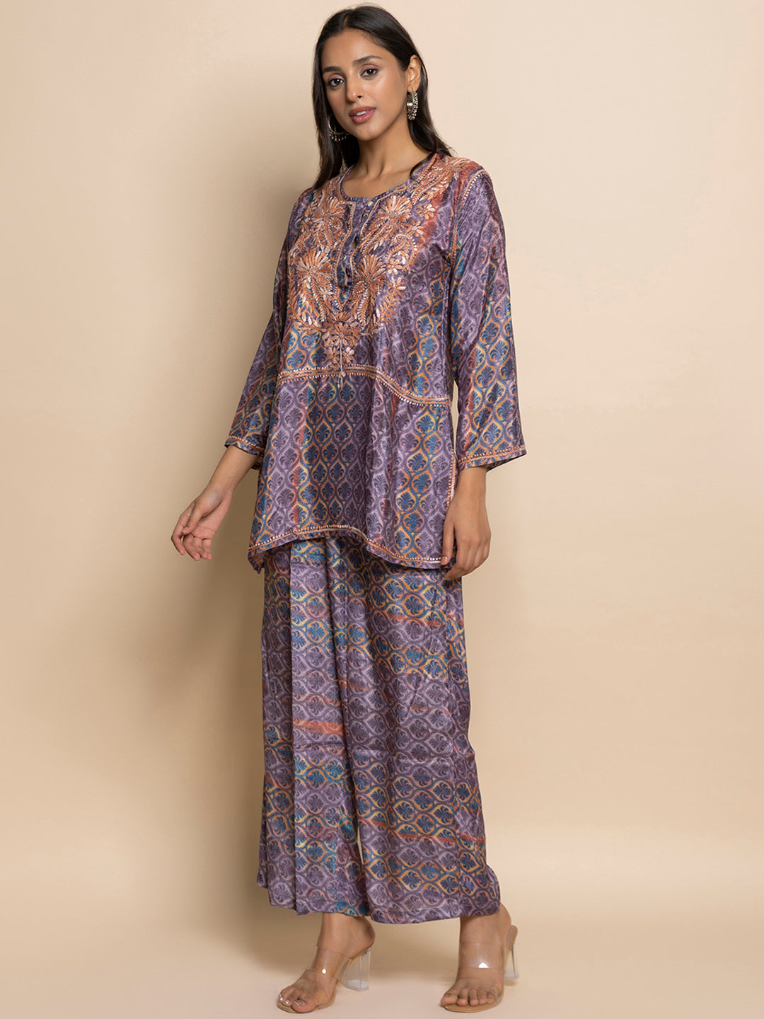 HOUSE OF KARI Floral Embroidered Regular Chikankari Straight Kurta with Palazzos - Distacart