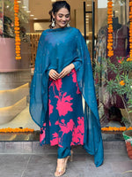 Thumbnail for Kalini Floral Printed V-Neck Beads and Stones Kurta With Trousers & Dupatta - Distacart