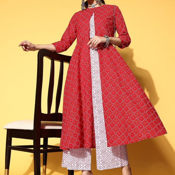 Anouk Women Red & Off-White Bandhani Print Pure Cotton Crop Top with Palazzos & Jacket - Distacart