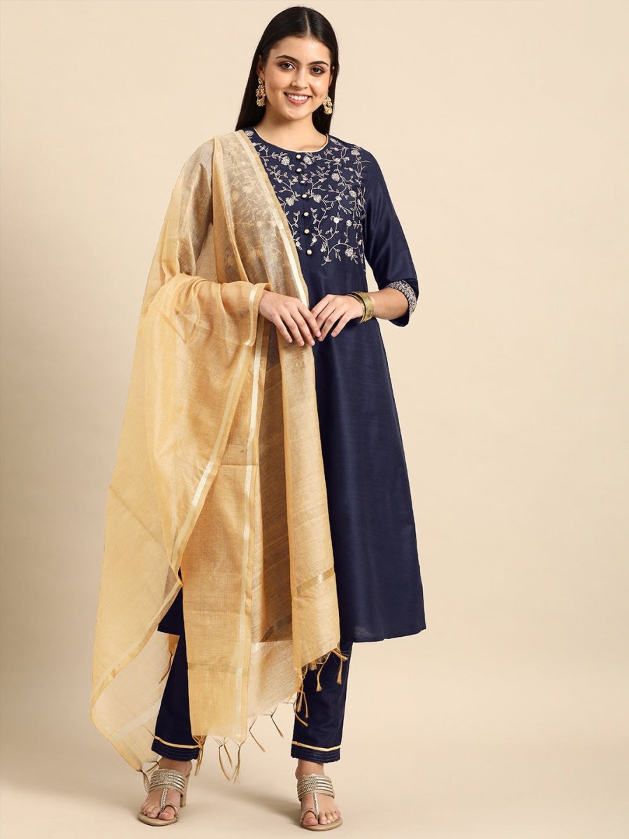 All About You Women Navy Blue Embroidered Kurta with Trousers & With Dupatta - Distacart