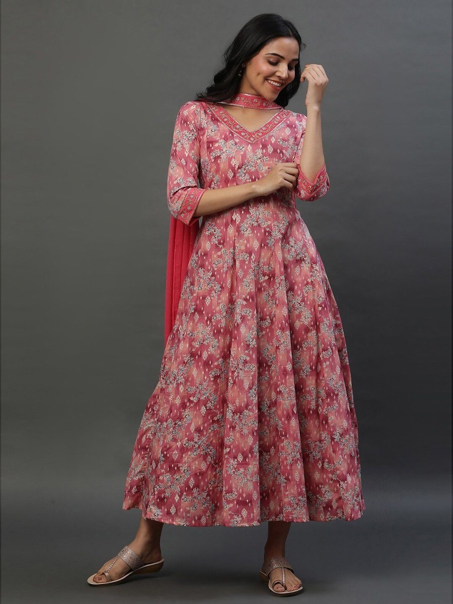 AURELIA Floral Printed V-Neck Ethnic Dress With Dupatta
