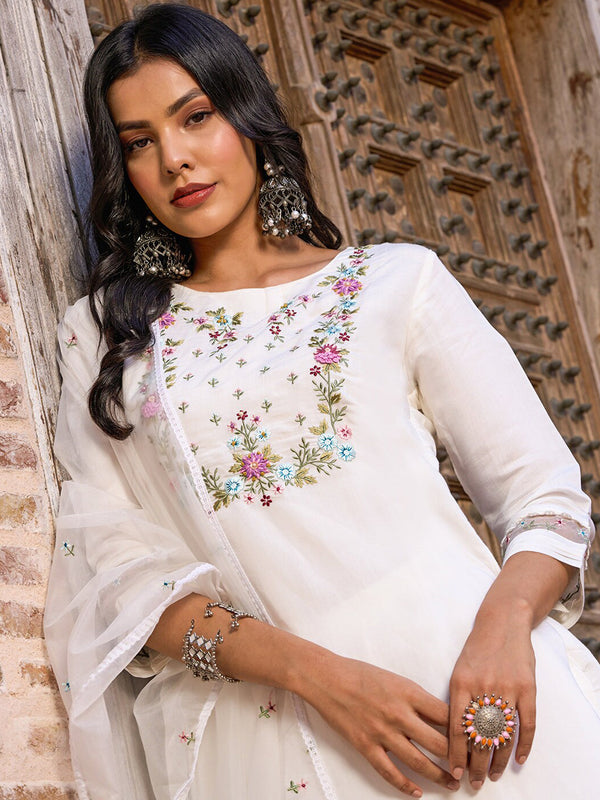 Kalini Floral Yoke Design Thread Work Chanderi Cotton Kurta With Trouser & Dupatta - Distacart