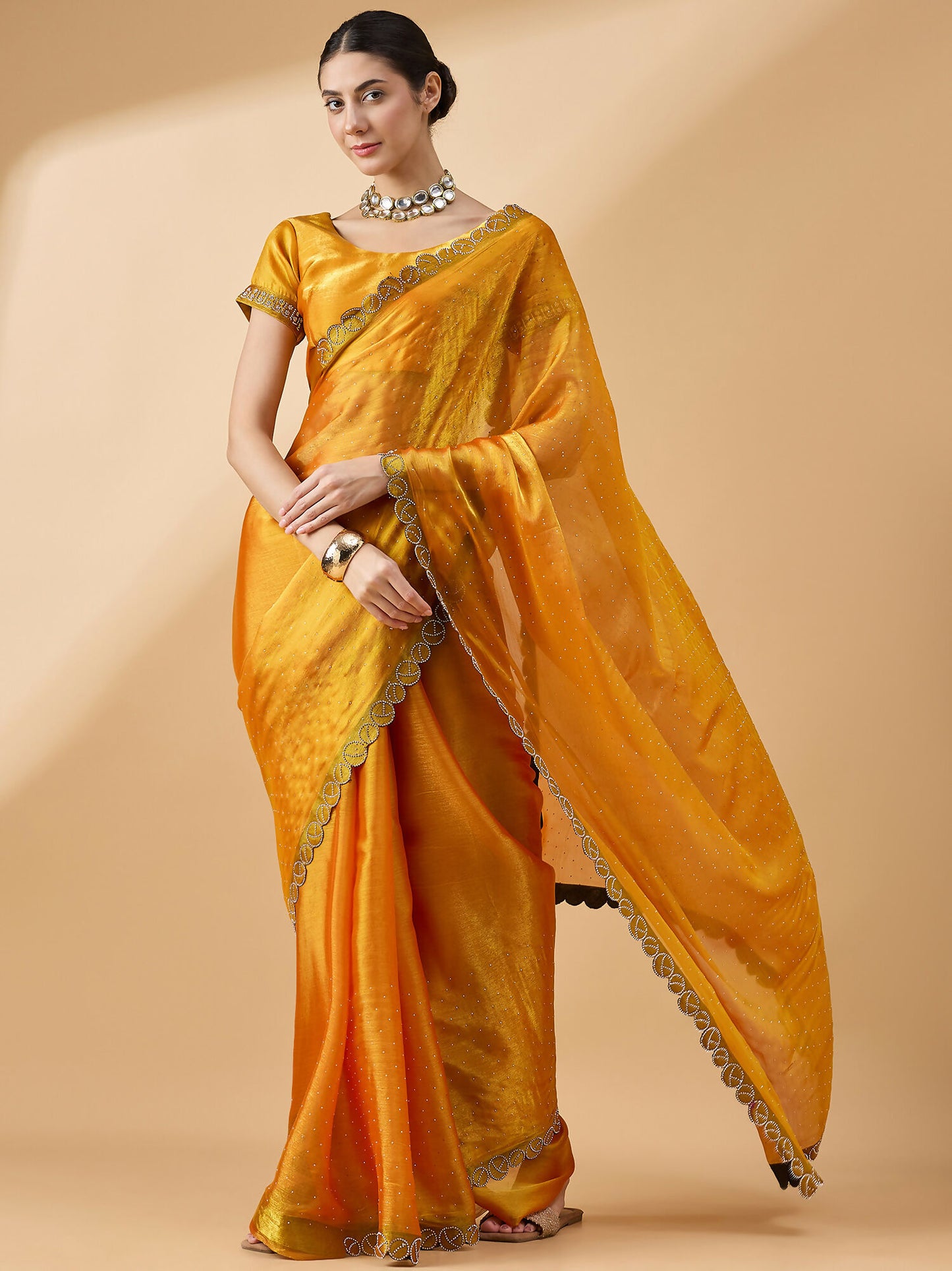 Mustard Organza Swaroski Diamond Work Saree with Unstitched Blouse - Radha - Distacart