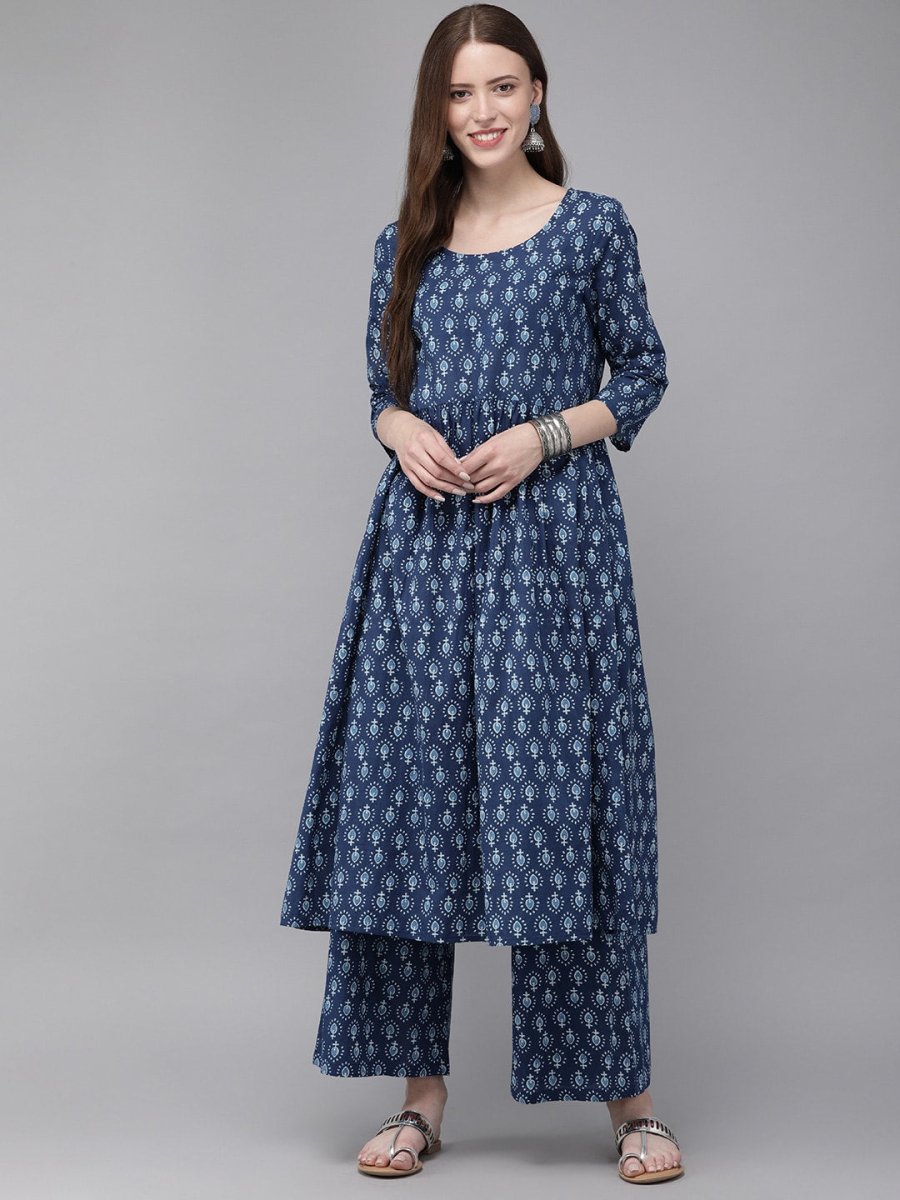 Anouk Women Navy Blue Printed Kurta with Palazzos - Distacart