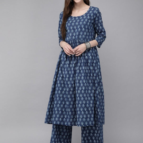 Anouk Women Navy Blue Printed Kurta with Palazzos - Distacart
