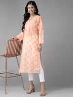 Thumbnail for ADA Women Peach-Coloured & White Chikankari Embroidered Handloom Kurta with Cotton Trousers - Distacart