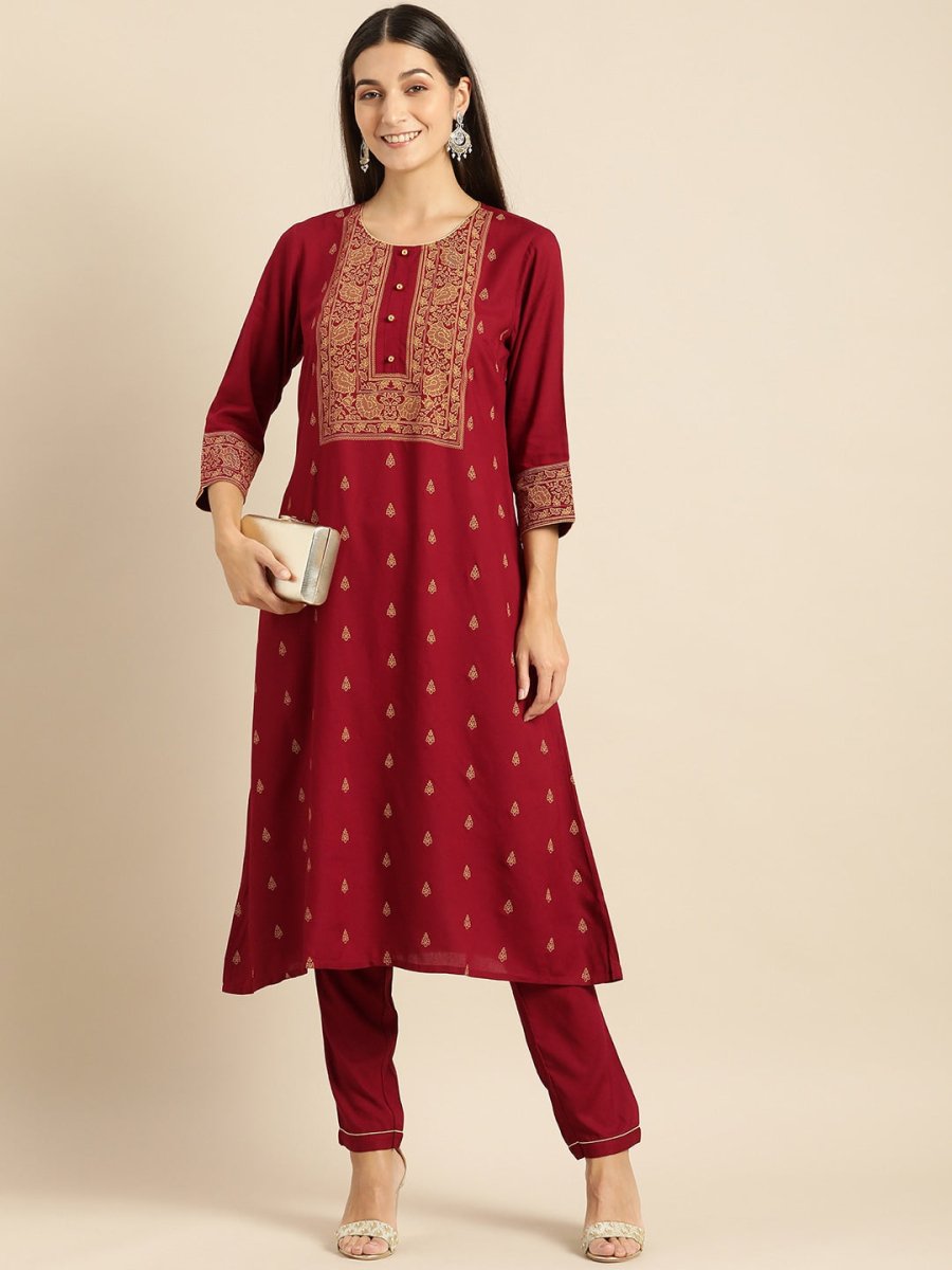 All About You Women Maroon Printed Kurta with Trousers - Distacart