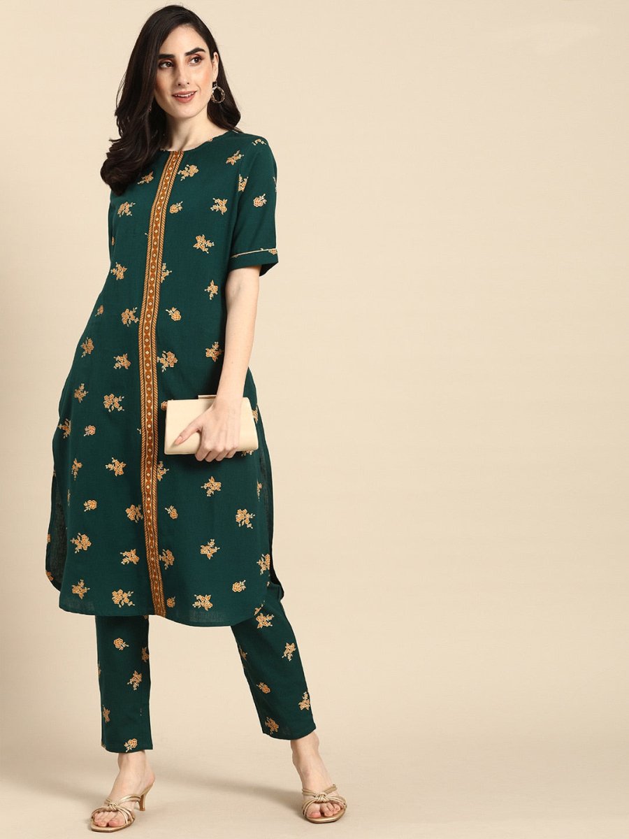 All About You Women Green & Brown Floral Printed Regular Pure Cotton Kurta with Trousers - Distacart