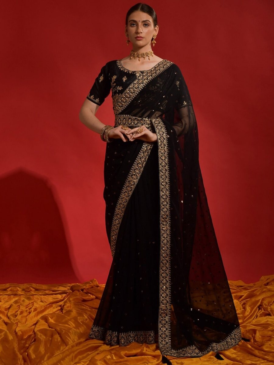 Anouk Black & Gold-Toned Floral Embroidered Pure Georgette Saree - Distacart