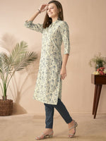 Thumbnail for Anouk White & Blue Floral Printed Mandarin Collar Chanderi Silk Straight Kurta - Distacart
