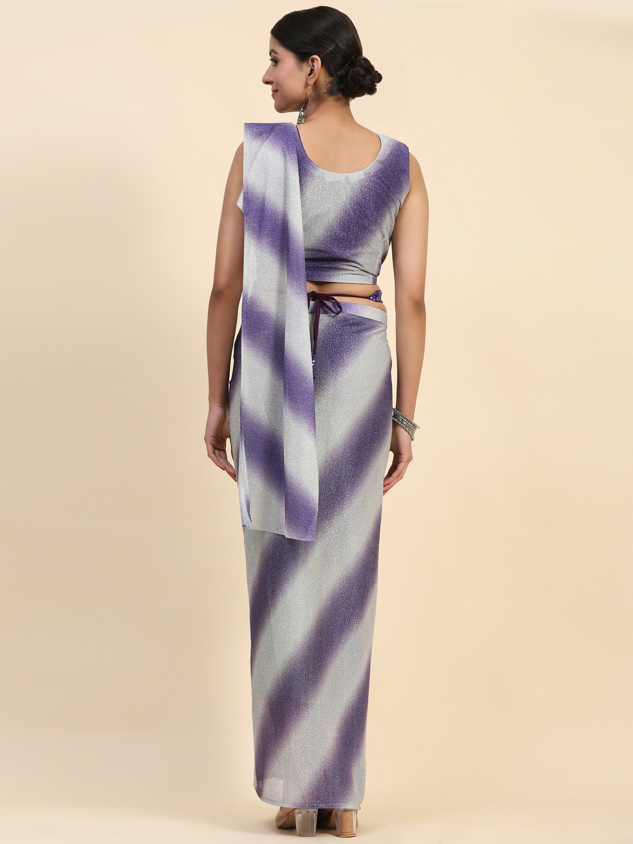 Purple Polyester Solid Ready to Wear Saree with stitched Blouse - Aayan - Distacart